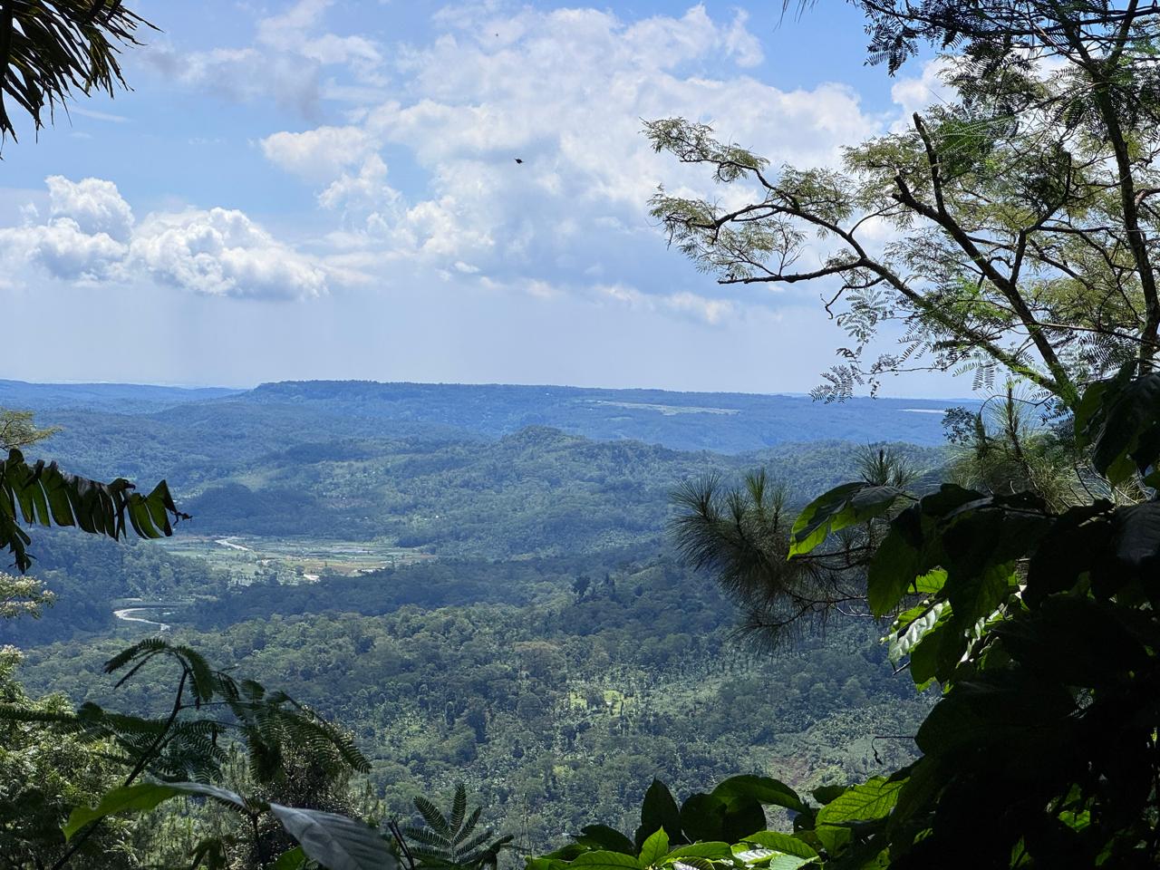 View over forested hills and a river valley at origin